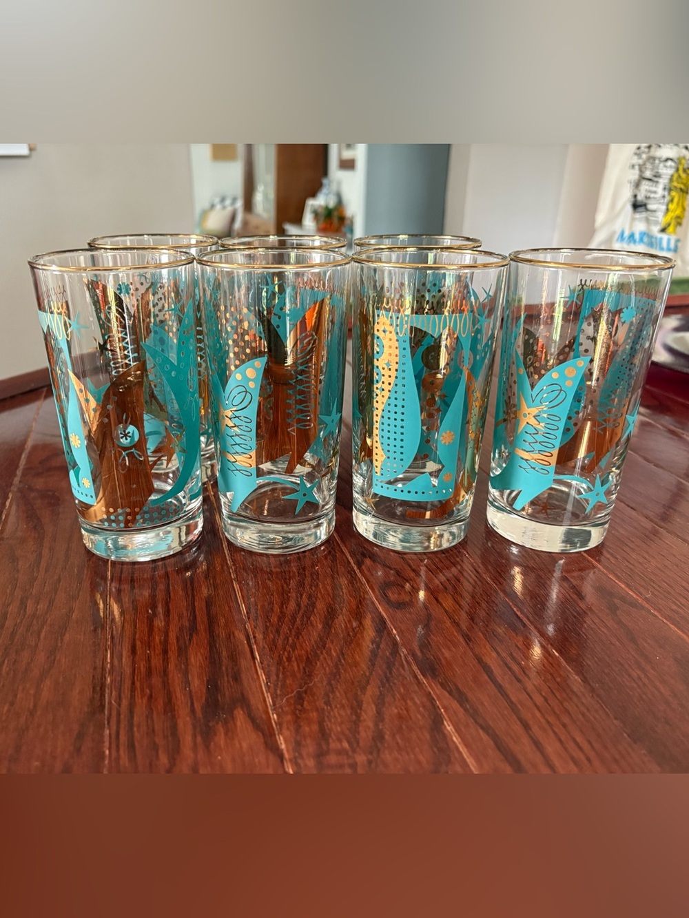 Vintage Mid Century Turquoise and Gold Glasses